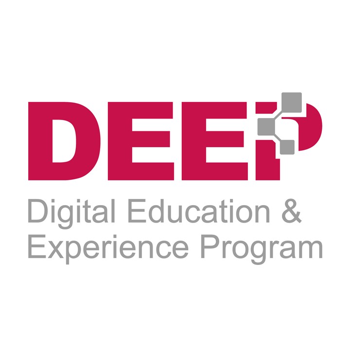 Logo for the Digital Education & Experience Program (DEEP). The text “DEEP” is prominently displayed in red, with the full name "Digital Education & Experience Program" in gray below it. The logo features a simple design with geometric shapes.