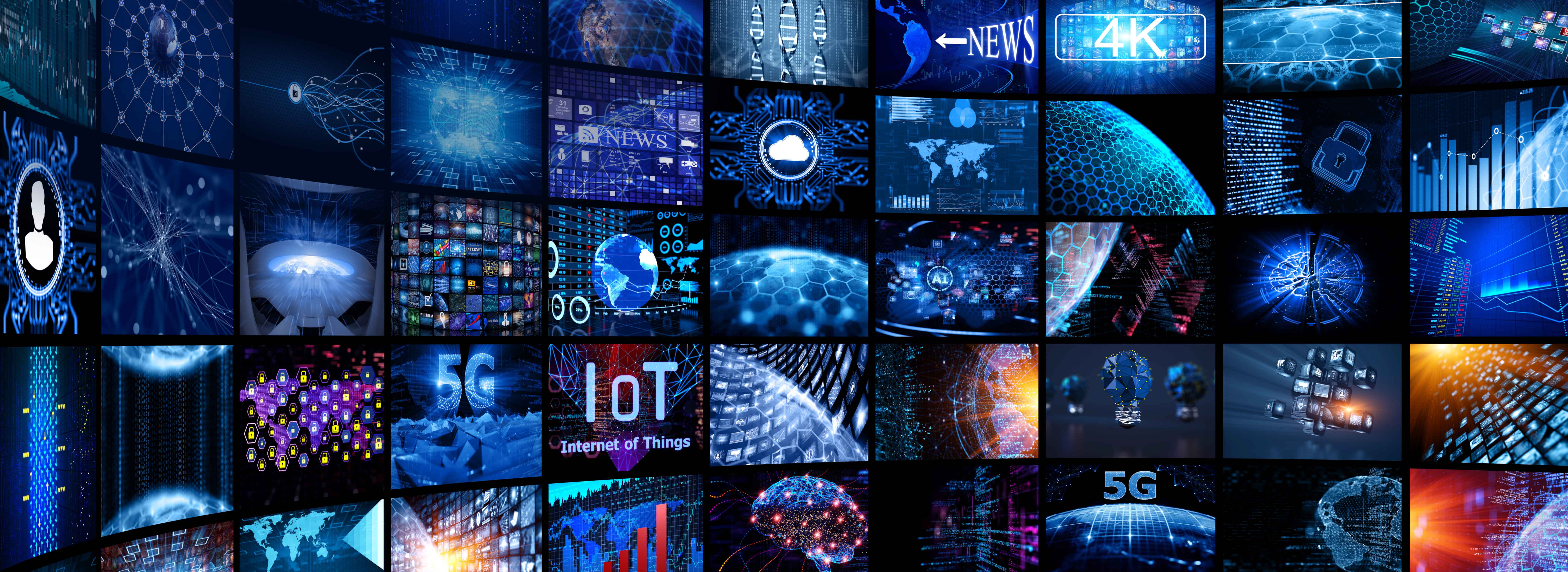 Eine Collage aus verschiedenen digitalen Grafiken zeigt Themen wie 5G, Internet der Dinge, künstliche Intelligenz, Datensicherheit und globale Vernetzung. Die Bilder sind in Blau- und Schwarztönen gehalten und symbolisieren technologische Entwicklungen und moderne Kommunikation.