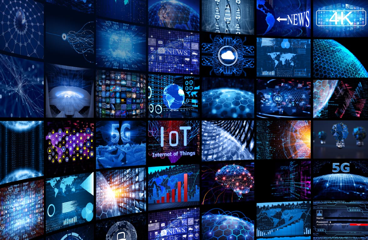Ein Mosaik aus Bildern, das Themen wie 5G, Internet der Dinge (IoT), künstliche Intelligenz (AI) und Nachrichten zeigt. Die überwiegende Farbe ist Blau, und es sind digitale Grafiken, Datenvisualisierungen und abstrakte Technologien abgebildet.