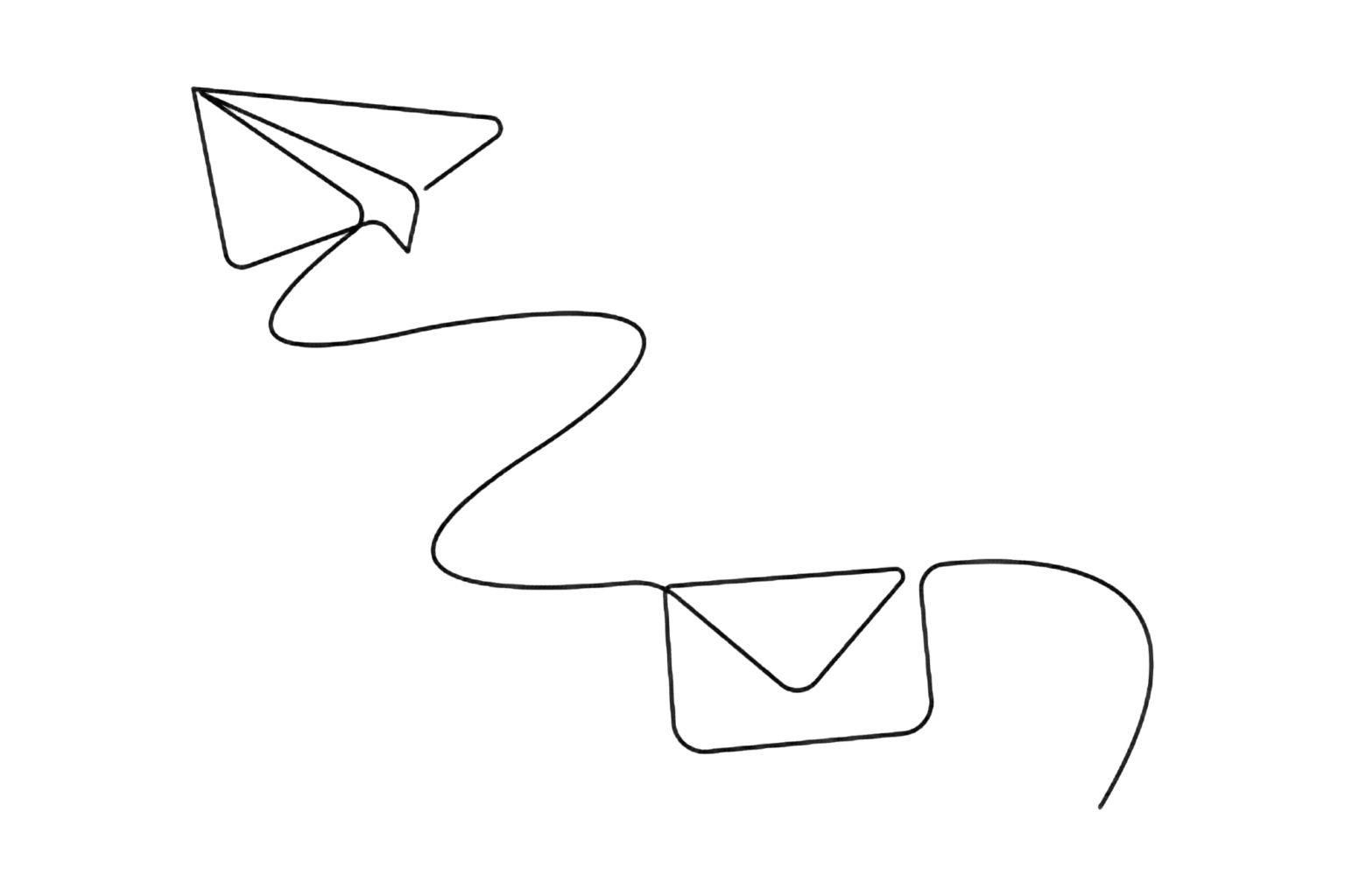 Ein Flugzeug aus Papier, das einen geschwungenen Pfad zu einem offenen Briefumschlag darstellt. Das Bild symbolisiert Kommunikation oder das Versenden von Nachrichten.