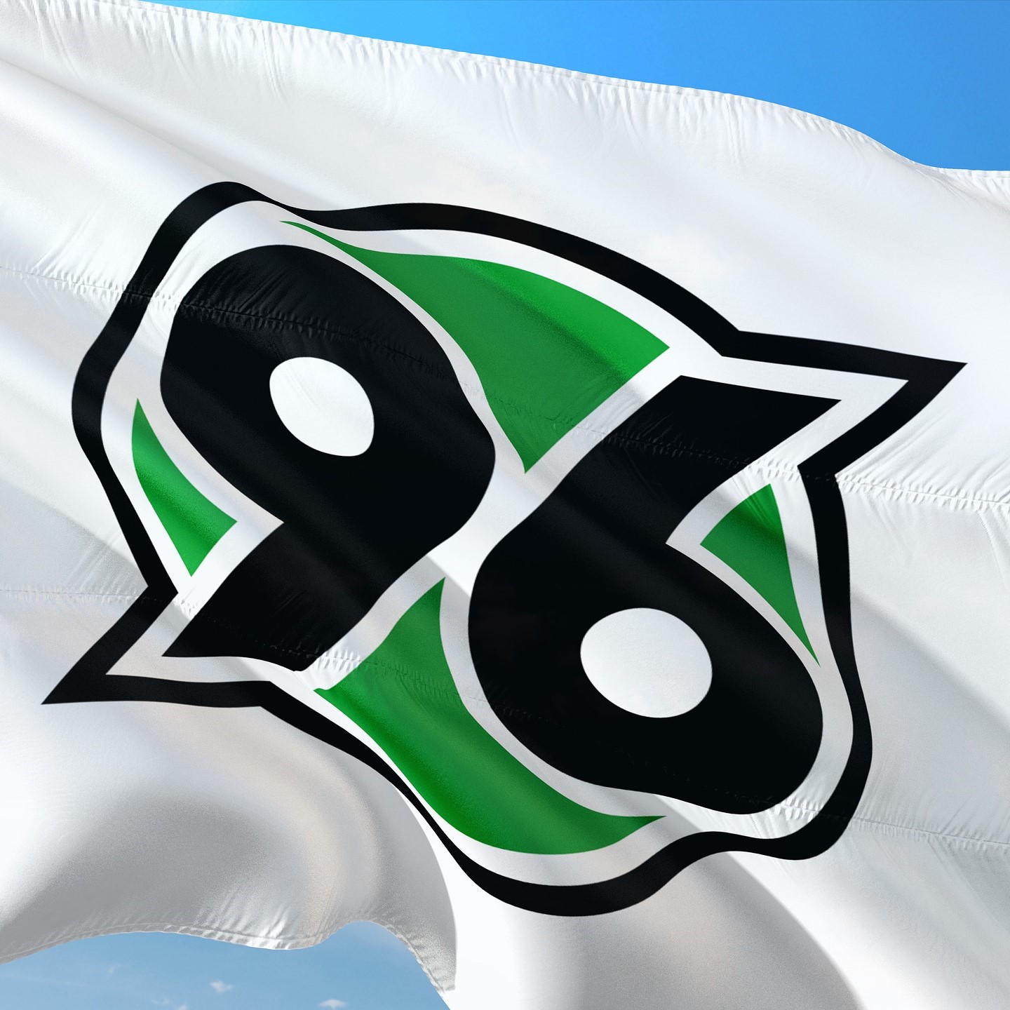 Das Bild zeigt eine Flagge mit dem Logo von Hannover 96. Das Logo besteht aus der Zahl „96“ in Schwarz und Weiß, umgeben von grünen Elementen. Die Flagge ist weiß und weht vor einem blauen Himmel.
