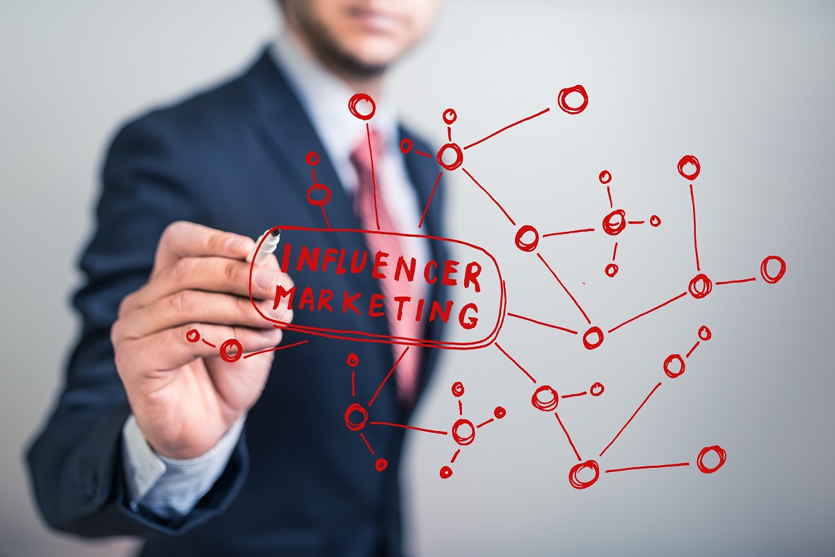 A man in a suit is holding a marker and drawing a diagram. The main text reads "Influencer Marketing," surrounded by interconnected circles, symbolizing connections and networks related to marketing strategies.