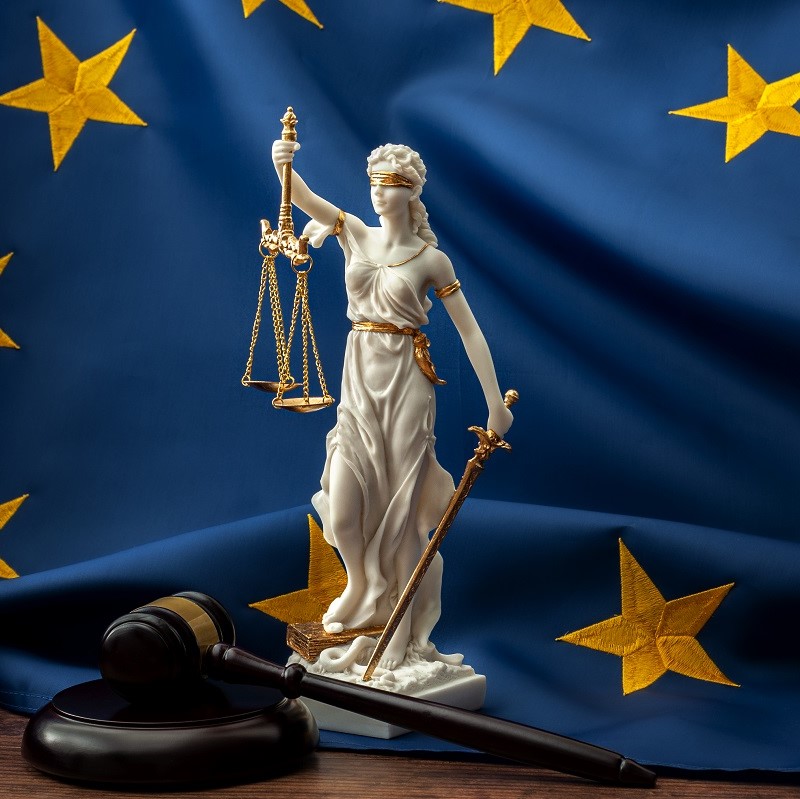 A statue of Lady Justice, representing law and fairness, is holding scales and a sword. The background features a blue flag adorned with gold stars. In the foreground, a gavel rests on a black base, symbolizing the judiciary and legal authority.