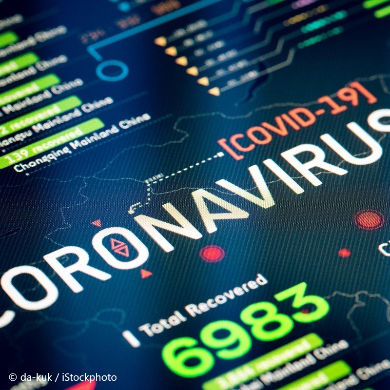 A digital display showing the word "CORONAVIRUS" prominently, alongside statistics related to COVID-19, including a total of 6,983 recovered cases. The background features a map and various data points related to regions affected, emphasizing the pandemic's global impact.