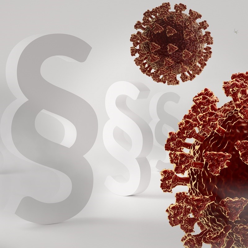 A visual representation featuring three large paragraph symbols intertwined with images of virus particles. The contrast highlights the relationship between law and health, suggesting legal implications related to virus outbreaks. The background is neutral, emphasizing the symbols and virus imagery.