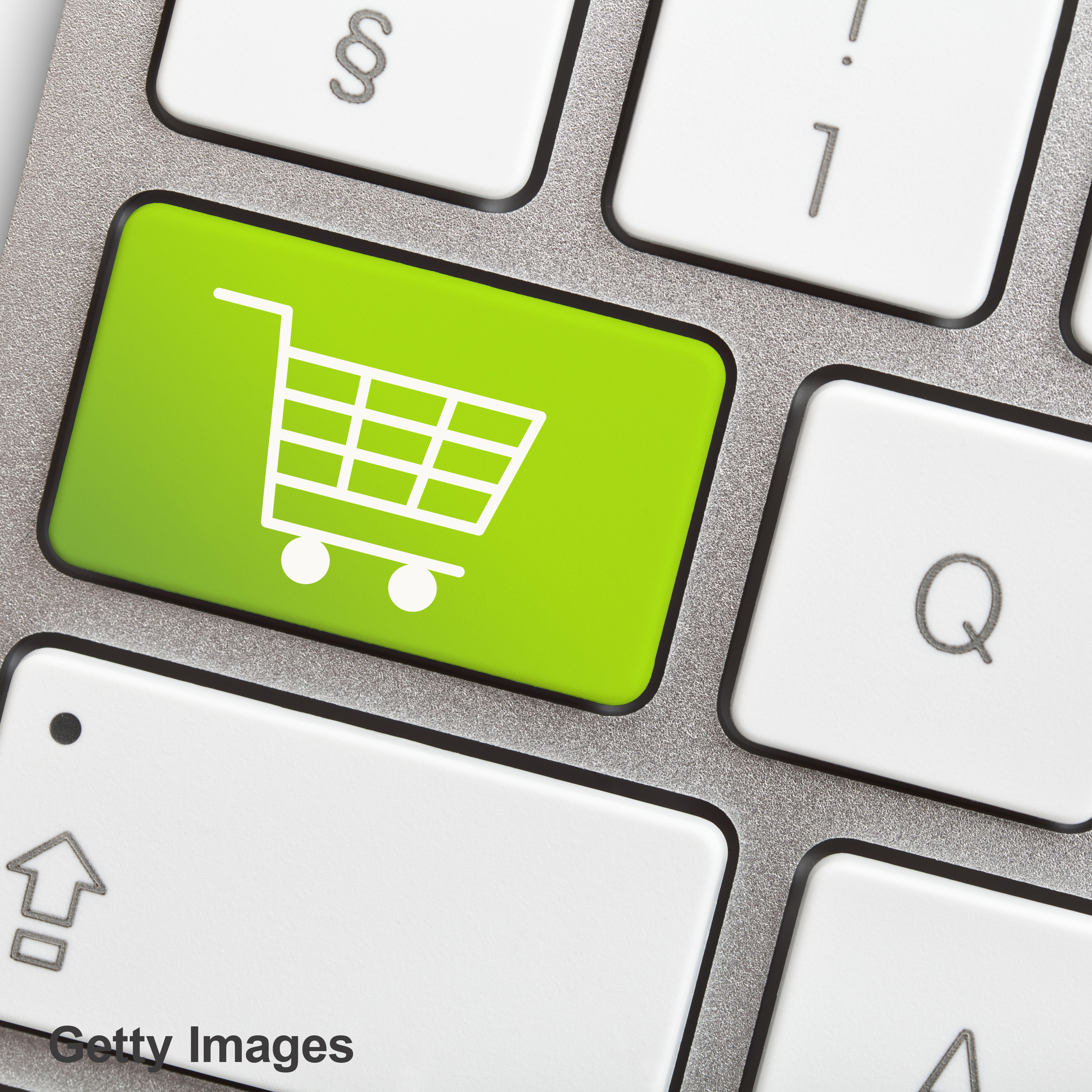 Ein heller grüner Tastaturknopf mit einem weißen Einkaufswagensymbol. Dieser Knopf steht für die Funktion "Warenkorb" in einem Online-Shop.