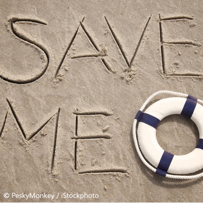 The image features the words "SAVE ME" carved into sand, accompanied by a white and blue lifebuoy nearby. The scene conveys a sense of urgency and request for help.