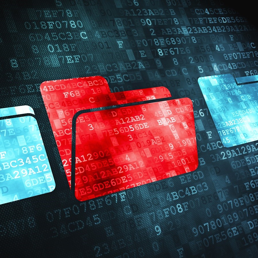 The image features colorful digital folders—two red and one blue—set against a textured background filled with binary code. The folders symbolize data organization and management in a technology or cybersecurity context.