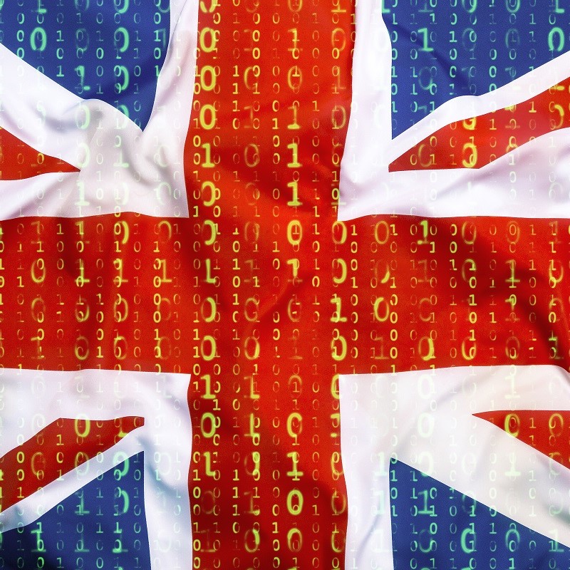 An abstract representation of the United Kingdom flag is overlaid with binary code, symbolizing the intersection of national identity and digital technology. The colors red, white, and blue are prominent, creating a visual fusion of traditional and modern elements.