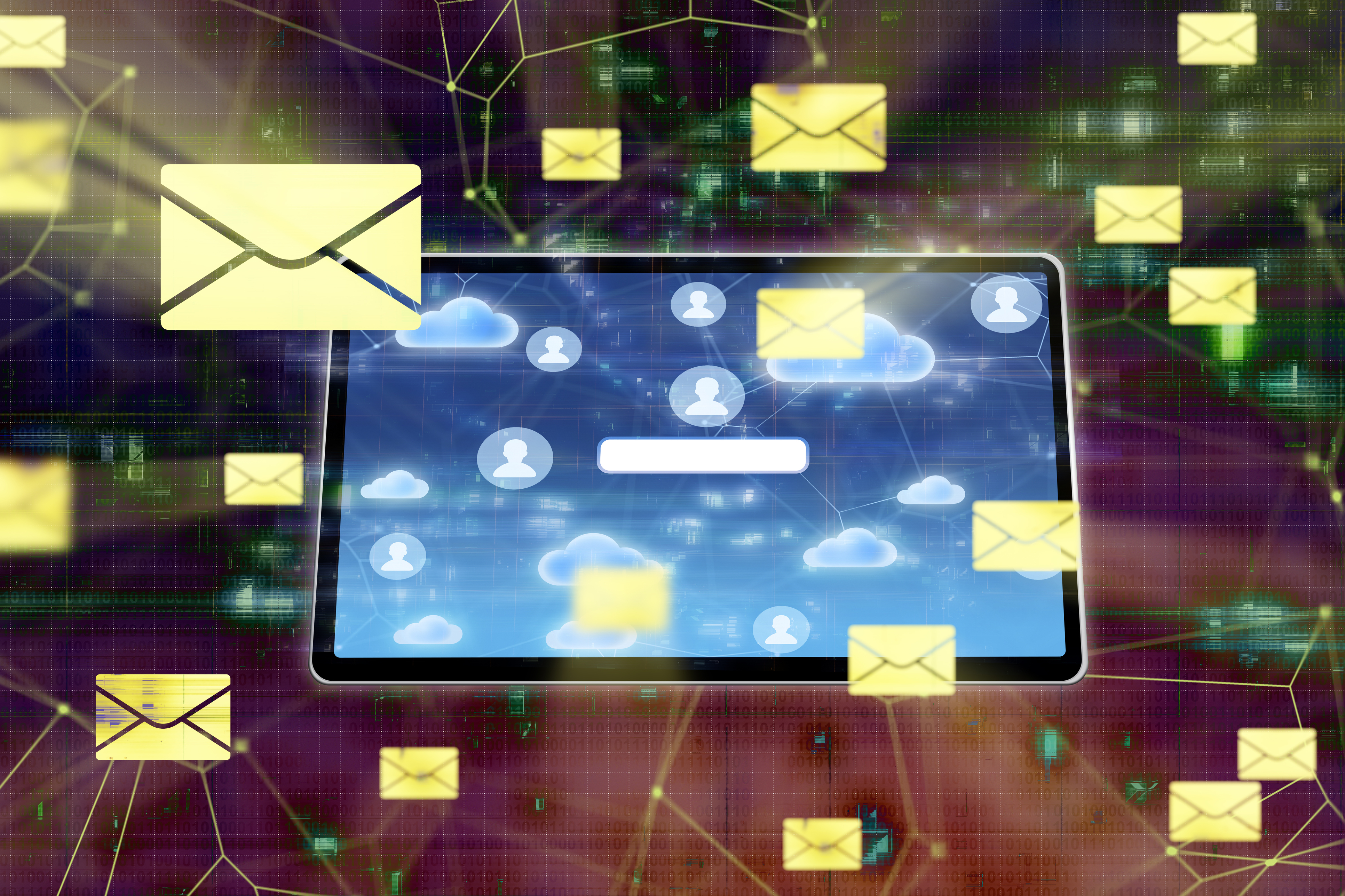 An illustration of a digital tablet displaying a cloud-based interface, surrounded by floating yellow envelope icons, representing email communication. The background features a network of connections, symbolizing digital interaction and connectivity.