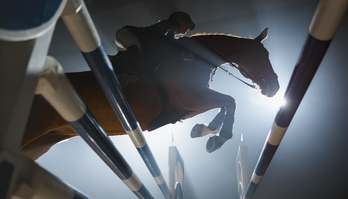 A horse and rider leap over a jump in a dramatic, lit arena. The scene captures the athleticism and grace of the horse mid-air, with beams of light accentuating the moment. The background features blurred obstacles, emphasizing the action.