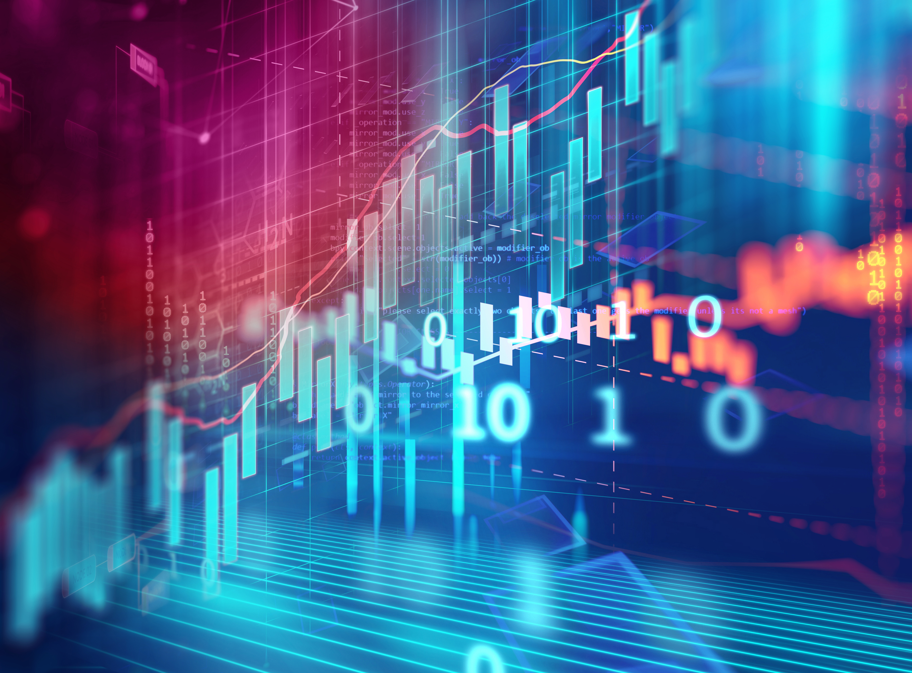 Grafik eines digitalen Finanzcharts mit aufsteigenden Balken und Linien. Die Darstellung zeigt Daten und Zahlen in einem futuristischen, leuchtenden Design, das Fortschritte und Trends symbolisiert.