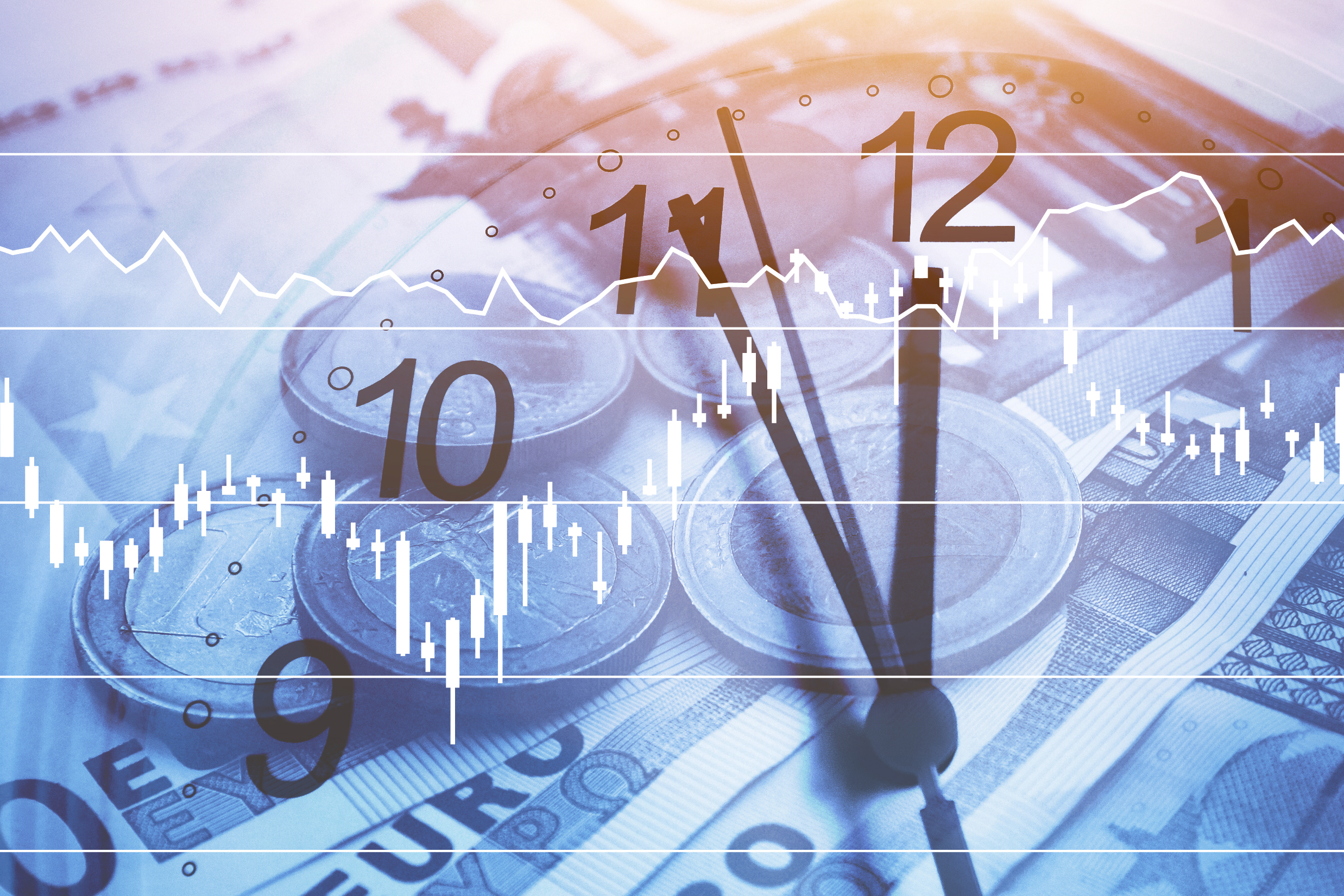 An abstract financial graphic featuring Euro currency notes and coins. Overlaying the image are clock faces and stock market trend lines, indicating time's influence on market fluctuations. The composition symbolizes economic activity and investment analysis.