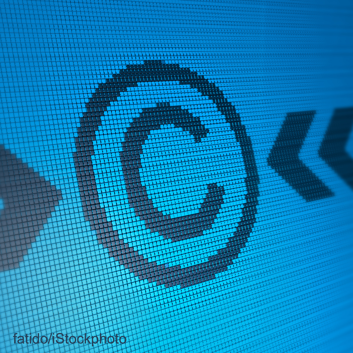 A digital representation of the copyright symbol surrounded by a pixelated blue background. The symbol is large and central, with directional arrows on the right, implying movement or navigation. The overall design emphasizes digital aesthetics and copyright themes.