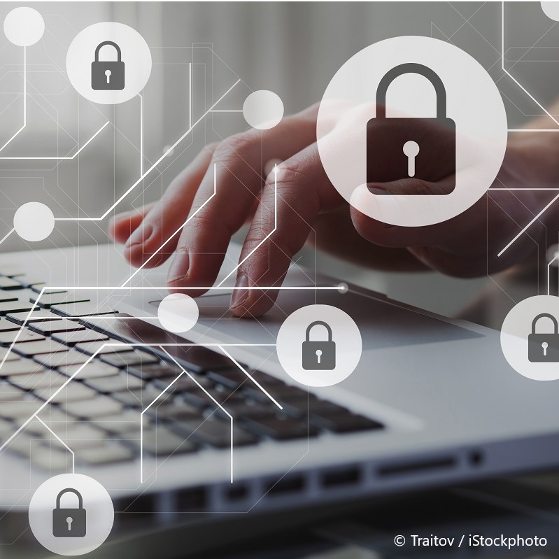 Eine Hand tippt auf einer Laptop-Tastatur. Im Hintergrund sind Symbole eines Vorhängeschlosses und digitale Netzwerkverbindungen zu sehen, die das Thema Sicherheit und Datenschutz im Internet symbolisieren.