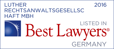 Logo von Luther Rechtsanwaltsgesellschaft mbH mit dem Hinweis, dass die Kanzlei im Jahr 2016 in die Liste der "Best Lawyers" für Deutschland aufgenommen wurde.