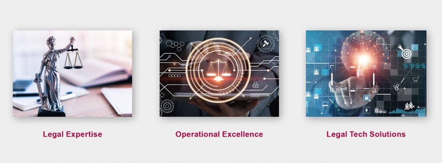 Die Bilder zeigen verschiedene Aspekte des Rechtsbereichs. Links steht eine Statue der Justitia mit Waage und Schwert, in der Mitte wird digitale Exzellenz durch ein holografisches Zeichen dargestellt, und rechts wird die Integration von Technologie in rechtliche Lösungen visualisiert.