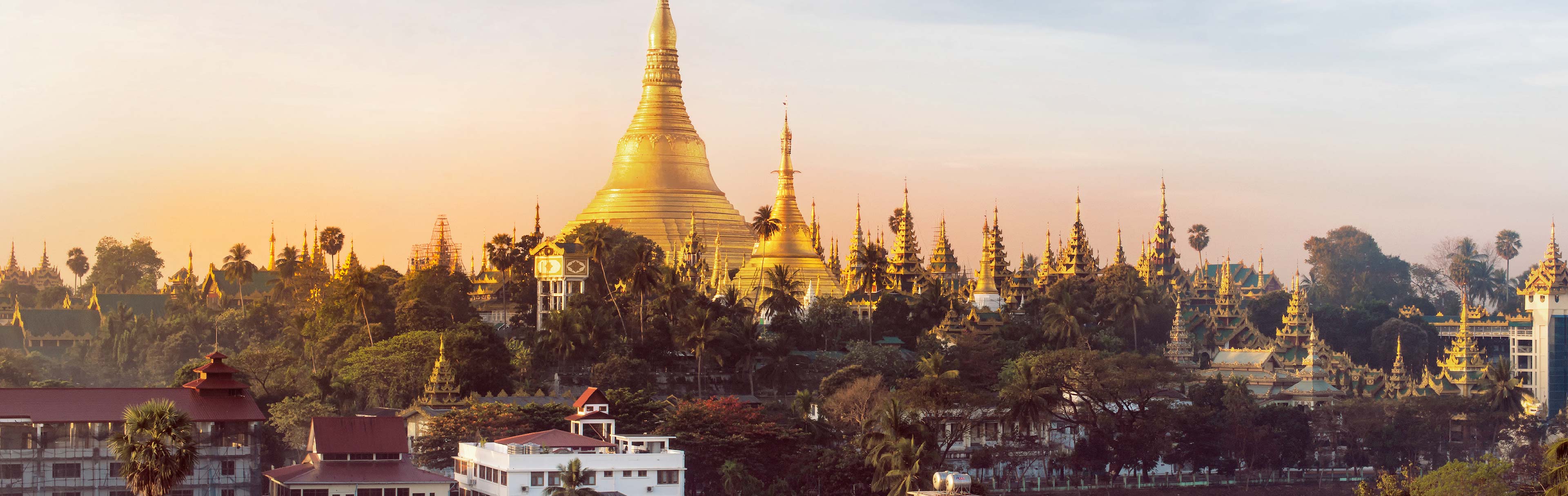 Die Aufnahme zeigt eine beeindruckende Skyline eines Tempelkomplexes bei Sonnenuntergang. Im Vordergrund sind grüne Bäume, und im Hintergrund erheben sich goldene Pagoden und Stupas, die von warmem Licht beleuchtet werden. Die Atmosphäre wirkt friedlich und spirituell.