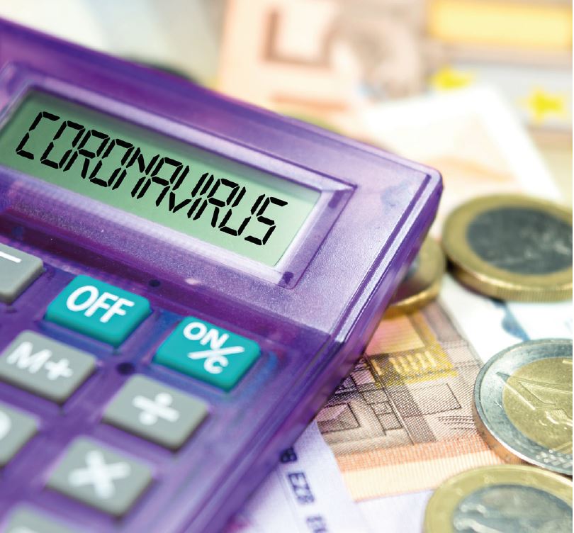 A purple calculator displays the word "CORONAVIRUS" on its screen, surrounded by various Euro banknotes and coins. The image suggests a connection between financial matters and the pandemic.