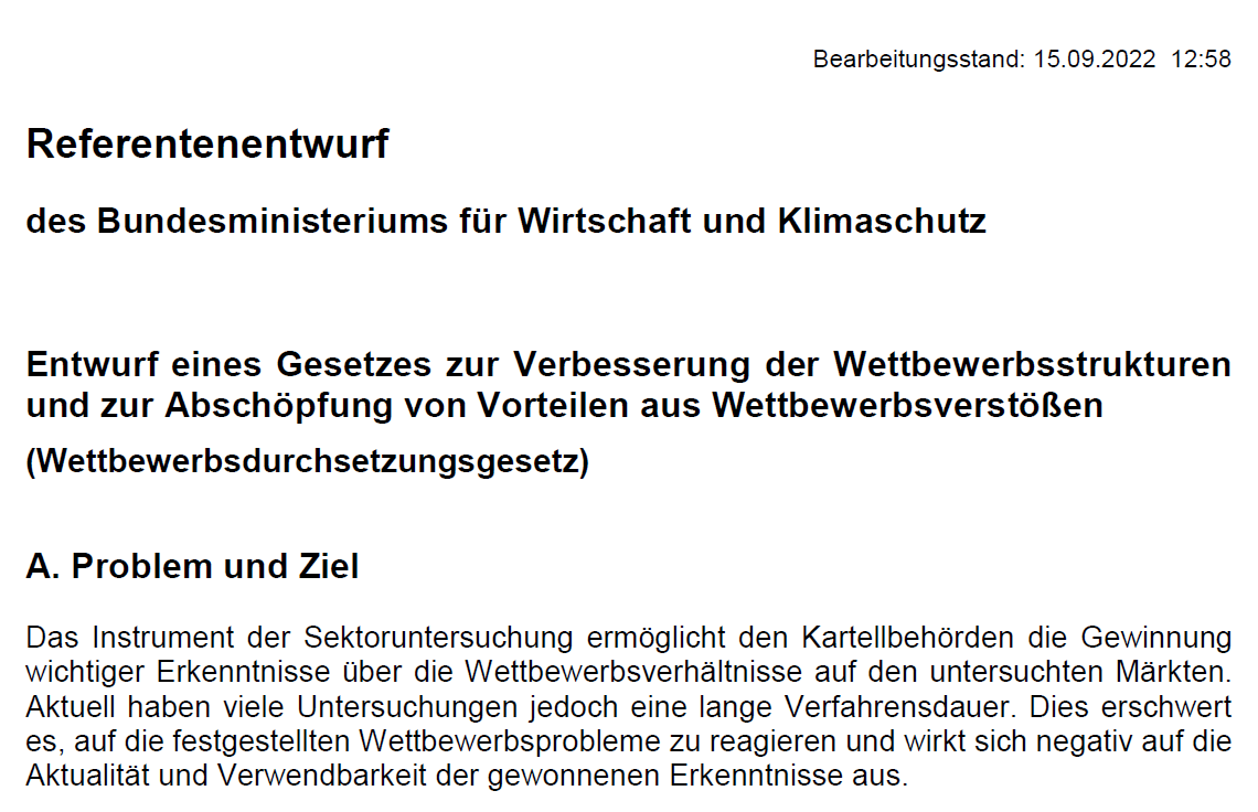 A government document titled "Draft Reference" from the Federal Ministry for Economic Affairs and Climate Action, outlining a proposed law aimed at improving competitive structures and addressing advantages gained from competition violations. The text discusses the challenges and goals related to competition research and regulatory processes.