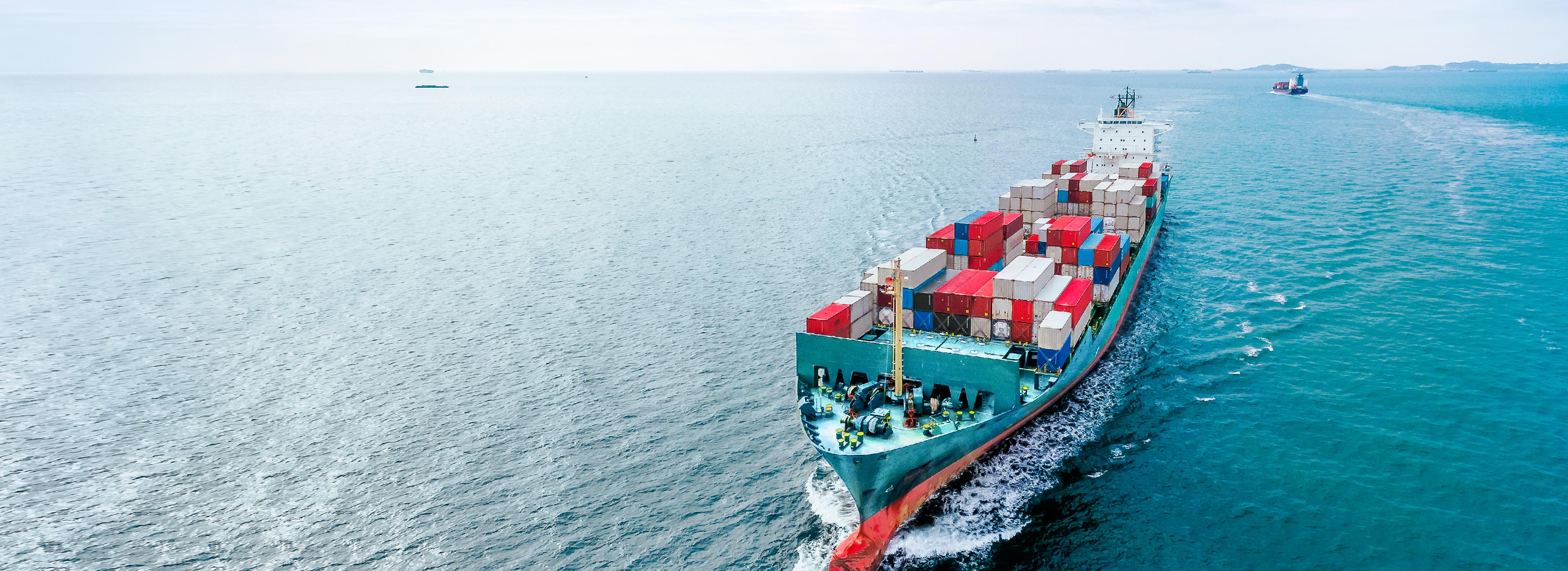 Ein großes Containerschiff fährt durch ruhige Gewässer. Der Schiffsrumpf ist grün mit zahlreichen bunten Frachtcontainern auf dem Deck. Im Hintergrund sind weitere Schiffe in der Ferne zu sehen, während der Himmel hell und bewölkt ist.
