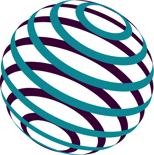 Eine stilisierte Kugel, die mit sich spiralförmig windenden Linien in Türkis und Lila gestaltet ist. Die Linien verlaufen spiralförmig von der Oberseite zur Unterseite der Kugel, wodurch ein dreidimensionaler Effekt entsteht.